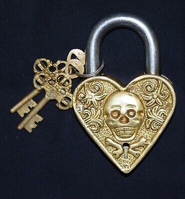 Heart Shape Door Lock Skull Design Golden Brass Victorian Style Safety Padlock