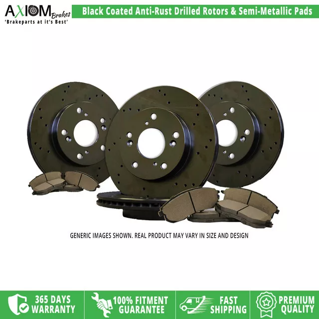 (Front-Rear Kit) Black AntiRust Drilled -4 Brake Rotors -8 Semi-Met. Brake Pads