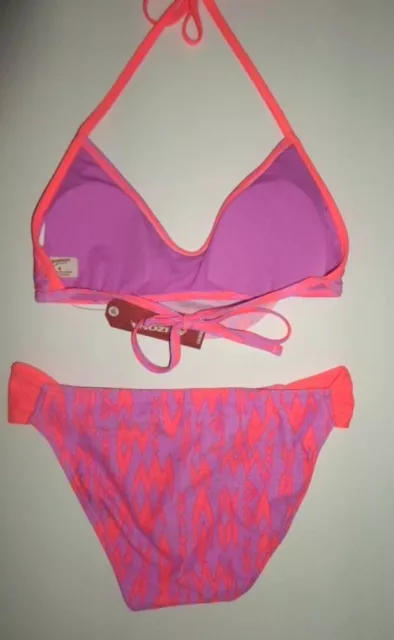 Womens Juniors Designer Bikini M / S Flounce Coral Pink Purple Zig Zag Tribal 2