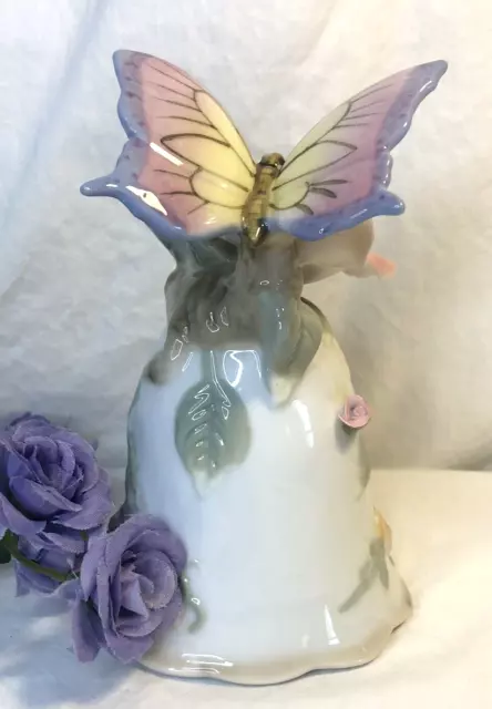 Vintage Porcelain Bell White with Large Pink Rose and Butterfly on Top of Bell