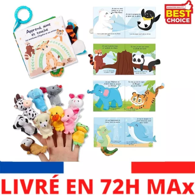 Offrez 5 Marionnettes à Doigts + Livre Bebe Eveil Tissu Design Français &  Anglais. Cadeau de