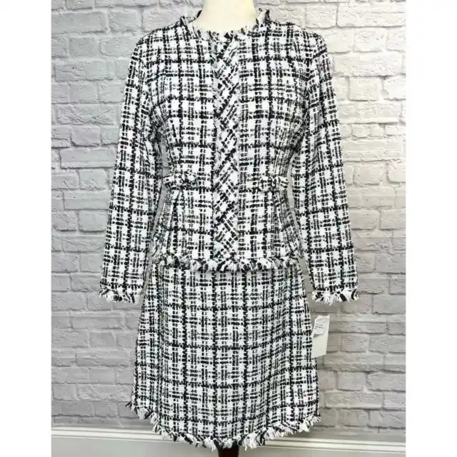 Julia Jordan Long Sleeve Tweed Popover Dress in White & Black Womens Size 6 NWT