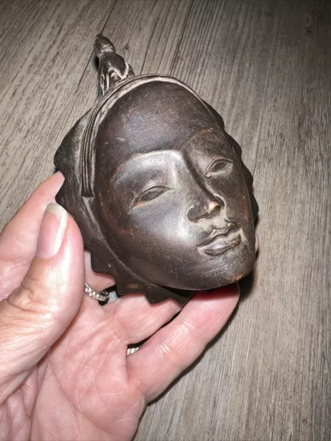Vintage Balinese Woman Carved Face Mini Solid Wood Mask BALI Wall Art Sculpture