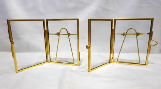 Lot 2 MCM Glass & Brass Picture Photo Frames w Easel  2.25"x3" Mid Century Eames