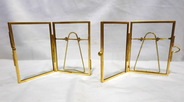 Lot 2 MCM Glass & Brass Picture Photo Frames w Easel  2.25"x3" Mid Century Eames