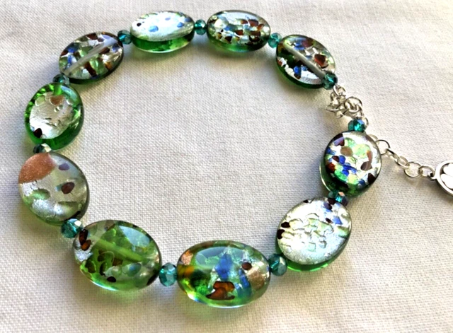 Bracelet Perles Verre De Murano Bleues - Création Manuelle - Longueur 21 Cm Plaqué Or - Neuf Sans Emballage