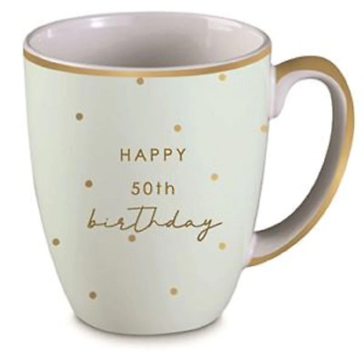 50th Fiftieth Birthday Mint Gold Trim with Gold Text Mug Tea Coffee Gift Box