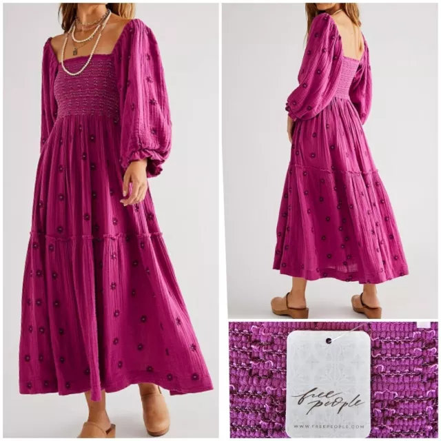 Free People Dahlia Embroidered Maxi Dress Floral Smocked Lilac Wine XS NWT $168