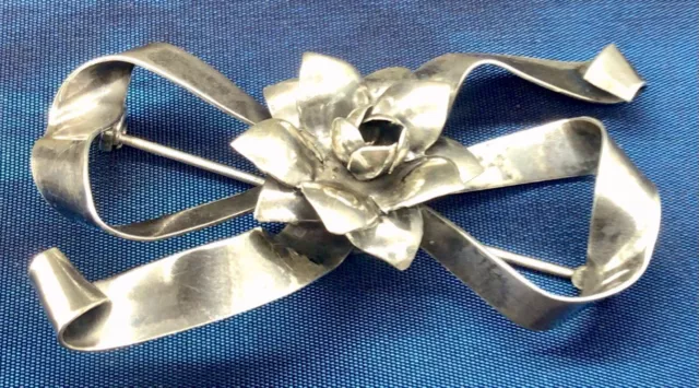 Vintage 1950s Raffaele Mid- Century Sterling Silver Rose With Bow Brooch Pin 3