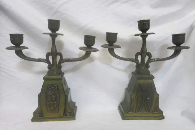 Art Nouveau Brass Tabletop Candelabras Pair Signed JMPC Belgium
