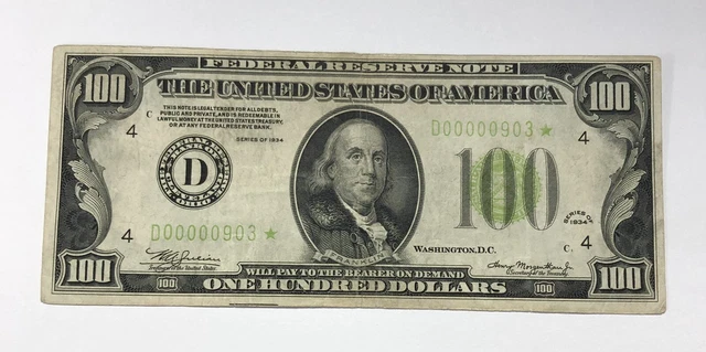 Star Note Three Digit $100 1934 Lime Light Green Seal Extremely Rare Note Fr2152