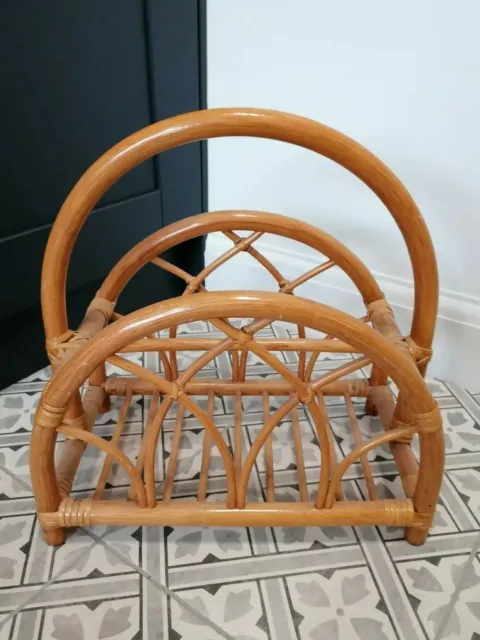 Vintage Magazine Rack Boho Bamboo Curved Wicker Rattan Cane Tiki Scandi Retro