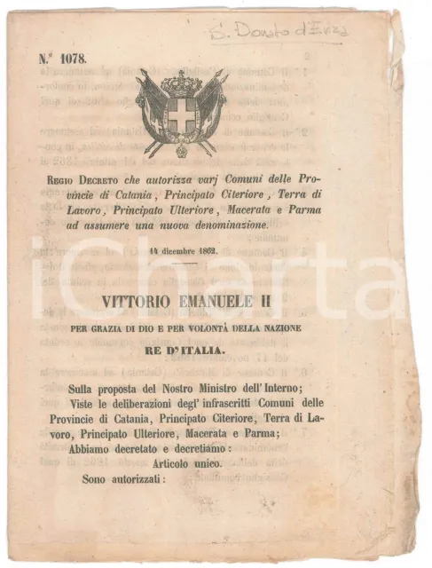 1862 REGNO D'ITALIA Regio Decreto per nuove denominazioni di vari Comuni
