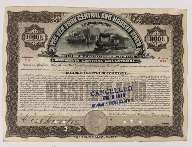 1898 New York Central & Hudson River Railroad Company Bond Stock Certificate