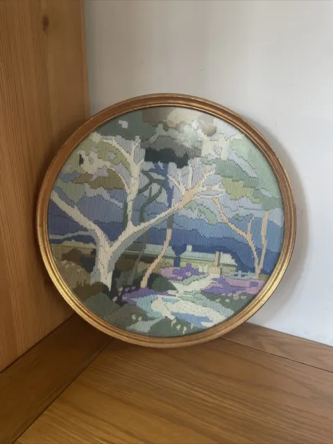 Vintage hand sewn tapestry picture round pastels Framed Cottage core Needlepoint