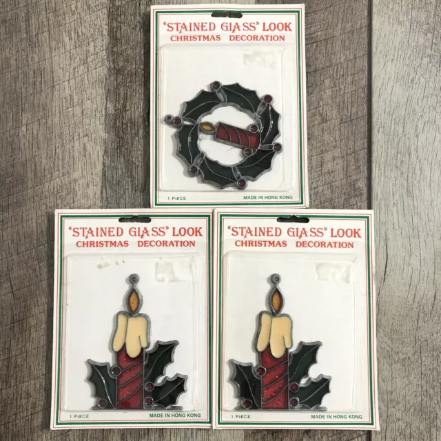 Vintage Lot of 3 Stained Glass Look Christmas Ornaments Window Suncatcher NIP