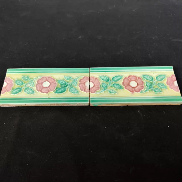 1940s Vintage Architecture Furniture Tile 2 Pc Floral Majolica Art Nouveau Japan 3