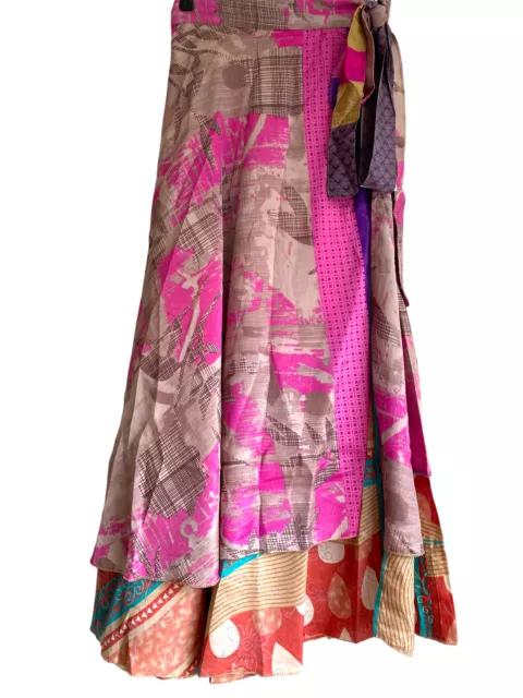 Wrap Skirt Vintage long Maxi Boho Hippy Sari Silk PINK Festival summer UK 8-18