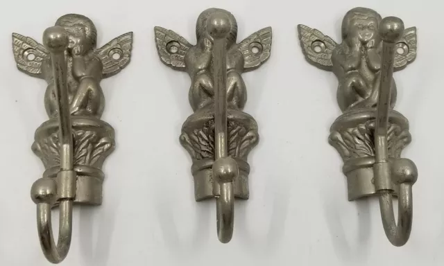 Antique Vintage Steel Baby Angels Coat Hat Hook Rack Wings Silver