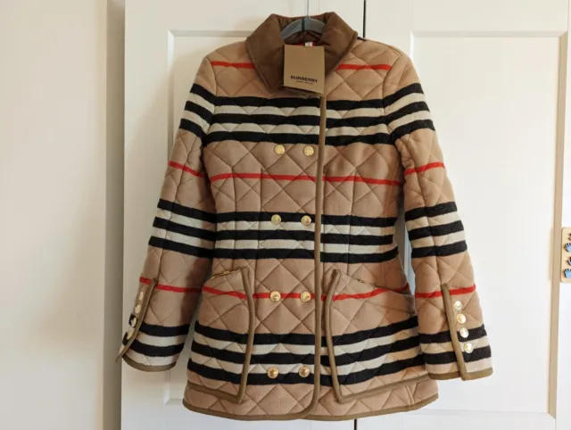 BNWT Burberry Upton Quilted Icon Striped Down Jacket In Camel UK 10/Small £1290