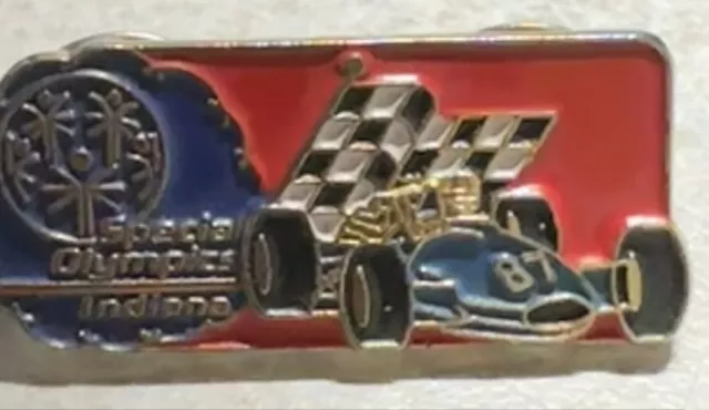 Vintage  SPECIAL OLYMPICS Race Car Checker Flag Lapel Hat Pin [P]