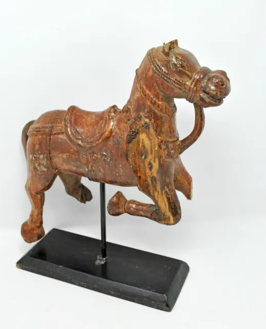 Original Vintage Ancien Main Sculpté en Bois Cheval Figurine sur Support