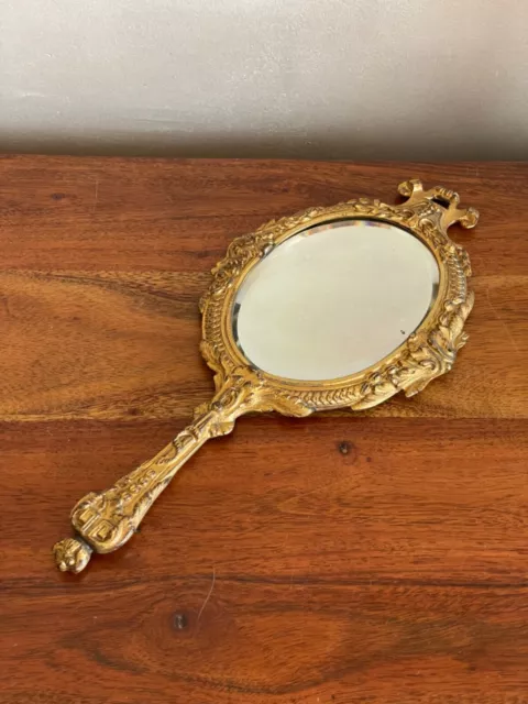 Miroir biseauté Face à main ancien en bronze ou laiton doré/argenté