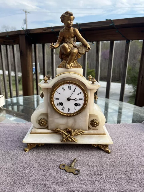 Antique French Japy Freres Marble / Gilt-Bronze Mantel Statue Clock mantle desk