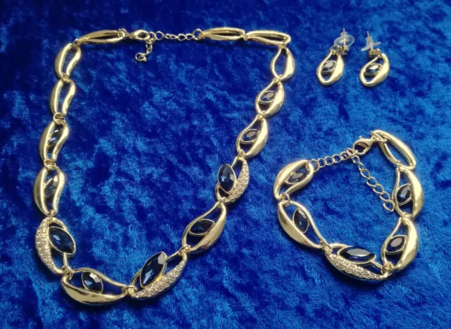 BIJOUX PARURE collier bracelet boucles d'oreilles métal doré cabochons bleus