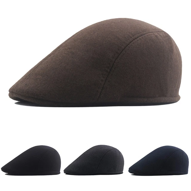 Classic Black Men's Flat Cap Baker Boy Herringbone Beret Hat Wool Blend