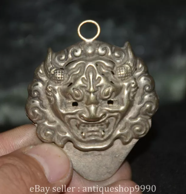 2.4" Marked Chinese Silver Fengshui Dragon Beast Head Statue Pendant Amulet