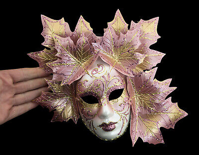 Mask from Venice Miniature Face Magnolia Leaves - Pink And Golden Antique 1868 2