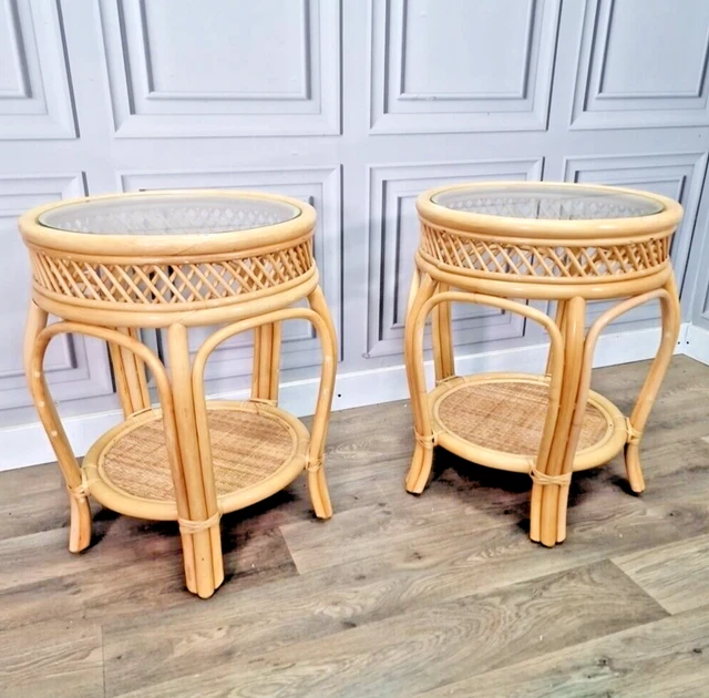 VINTAGE PAIR X2 Round Side Tables Bamboo Rattan Wicker Glass Top Boho