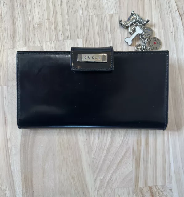 GUESS Women's Trifold Wallet Glossy Clutch Black Logo Coin Purse Dogs Card Slots