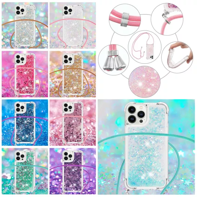 Floating Glitter Heart Lanyard Phone Case Cover For iPhone 14 Pro Max 13 12 11 X