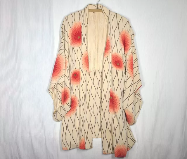 Vtg 40s Silk Crepe Kimono Pink Gradient Floral Modern Print Pongee Textured
