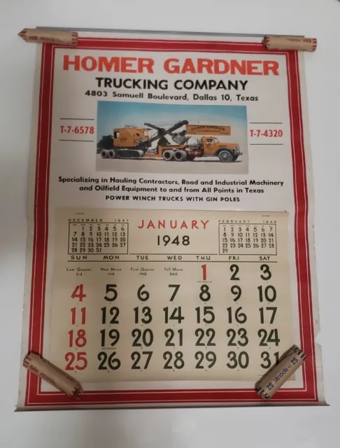 Calendar Advertising 1948 Trucking Dallas Tx 24x16.5 Antique Vintage
