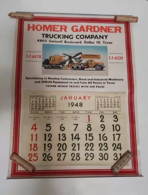 Calendar Advertising 1948 Trucking Dallas Tx 24x16.5 Antique Vintage