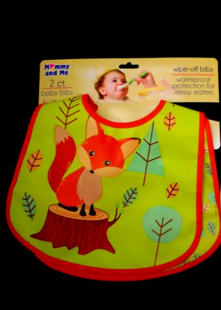2 New Mommy & Me Waterproof Wipe-Off Baby Feeding Bibs Fox & Trees