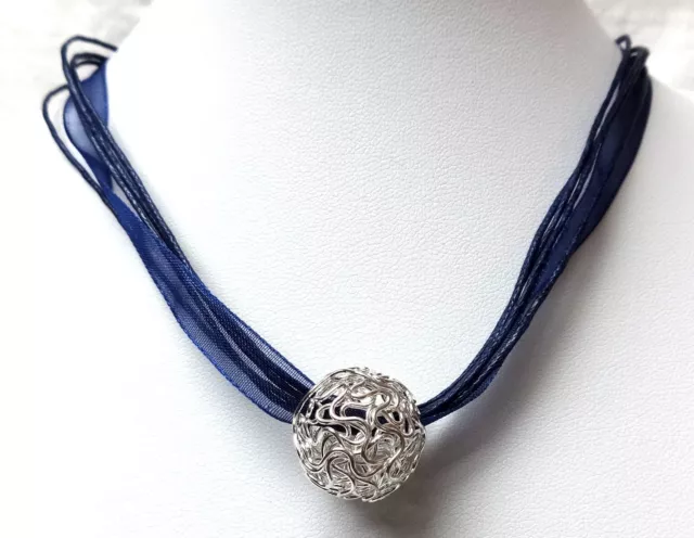 Silber Perle Halskette Kette Organza Kugel Drahtkugel Schmuck Dunkelblau Blau