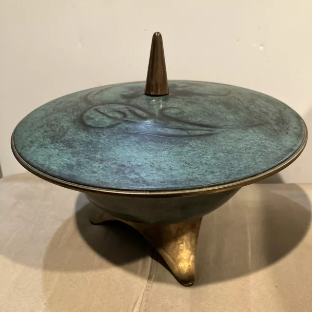 Vintage Oppenheim Brass Bowl Dish Lid-Green Enamel 3 Footed Israel- MCM - 10.75”