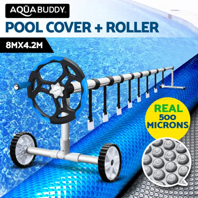 Aquabuddy Pool Cover 500 Micron Heat Solar Blanket Roller 8x4.2m 5.5m Blue Reel
