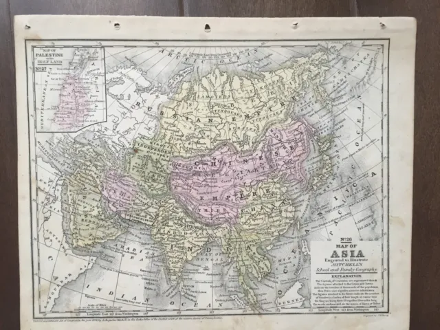 Hand-Colored Map of Asia & inset of Palestine (1855)-"Mitchell's School Atlas"
