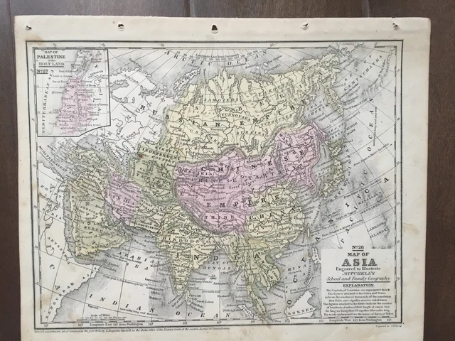 Hand-Colored Map of Asia & inset of Palestine (1855)-"Mitchell's School Atlas"