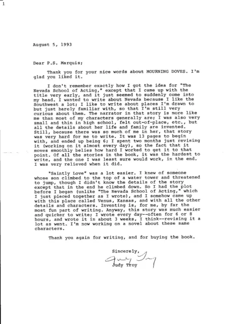 1993 TYPED LETTER w/ SIGNATURE JUDY TROY ABOUT WRITING TECHNIQUES & TIME FRAMES