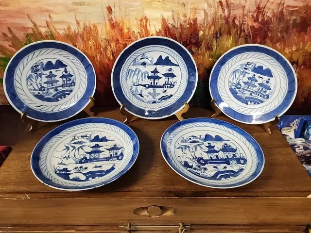 19th Century Chinese Blue & white porcelain plates 6" Canton set of 5