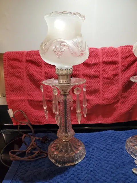 MCM Pair of Stacked Glass Boudoir Lamps Prisms Frosted Etched Glass Shades 14”