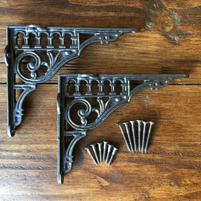Pair Pewter 6" x 5" ANTIQUE CAST IRON VICTORIAN SHELF WALL BRACKETS - BR12px2