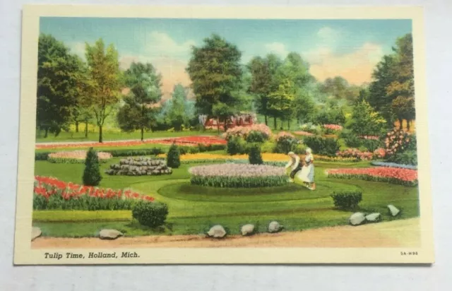 Vintage Unused Penny Linen Postcard  Tulip Time Holland  Mich.