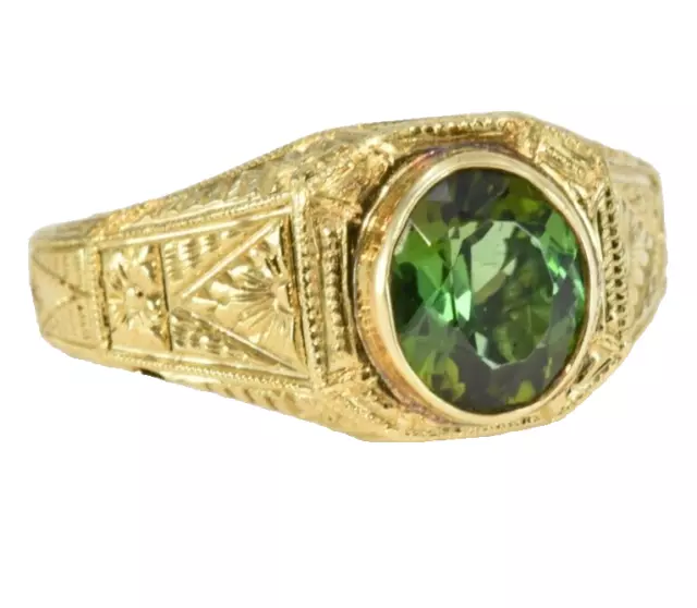 18 karat Gold Natural Tourmaline  Hand Engraved Ring